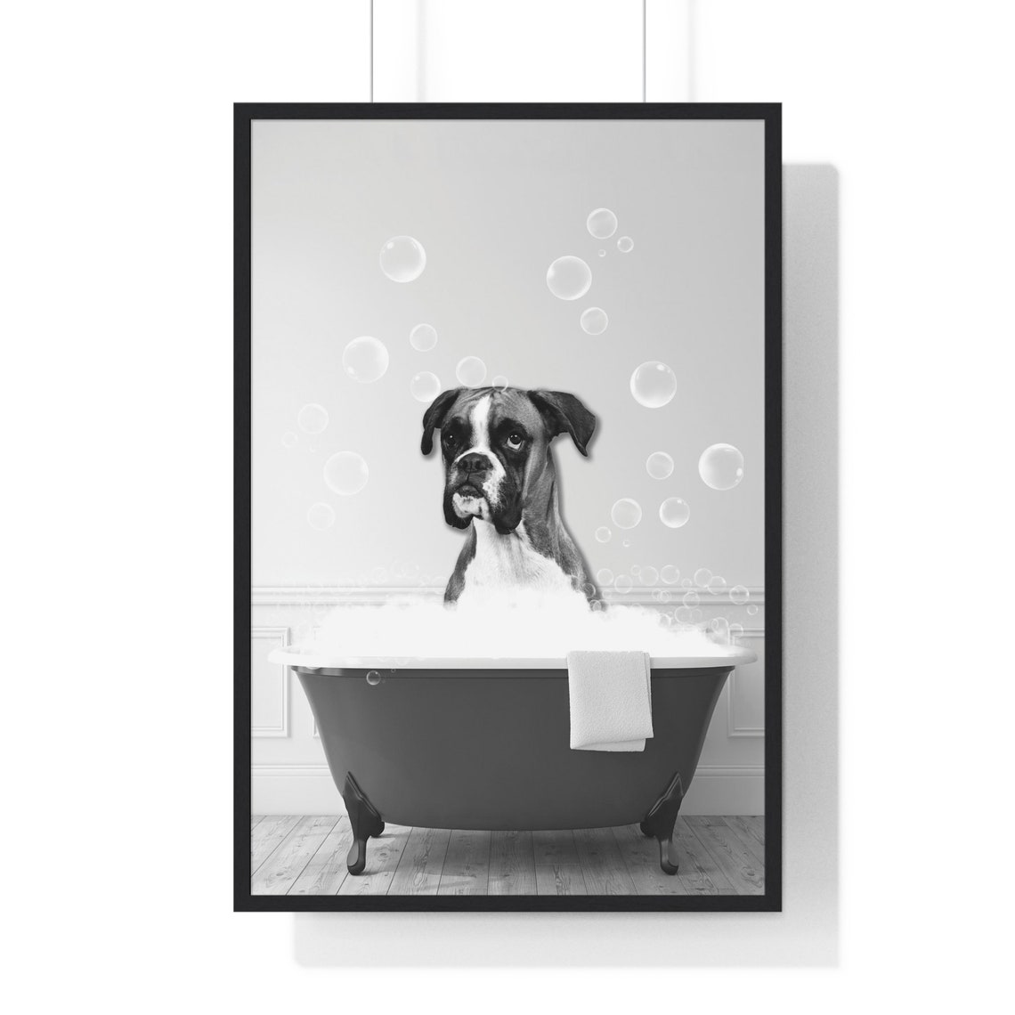 Boxer Dog Relaxing in Bubble Bath Black and White Bathroom Poster