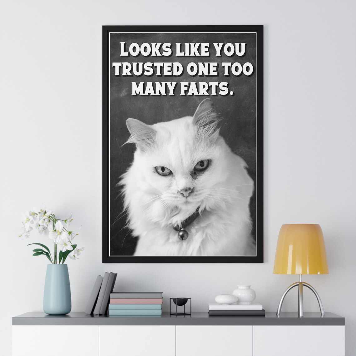 Black And White Grumpy White Cat Selfie Trusted Too Many Farts Funny Bathroom Poster - Image 2