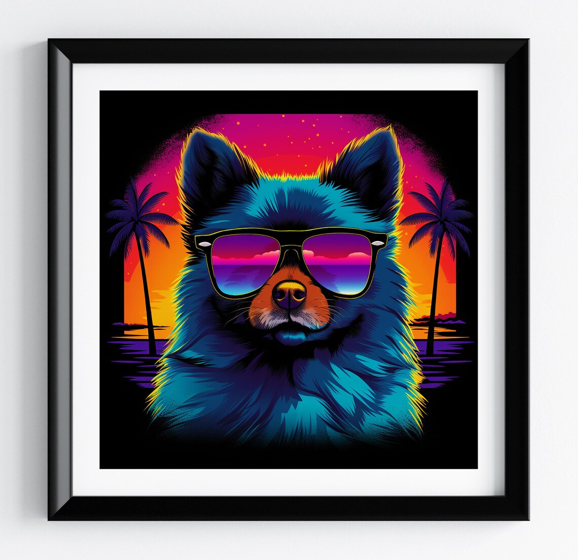 Pomeranian Teal Fur Palm Sunset Shades Retro Dog Portrait Poster