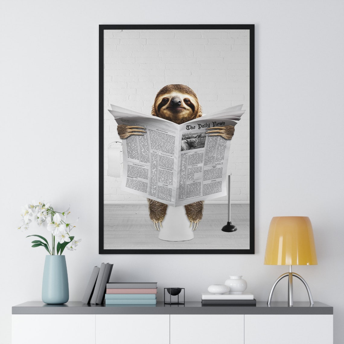 Smiling Sloth Reading the News on the Toilet Funny Bathroom Poster - Image 2