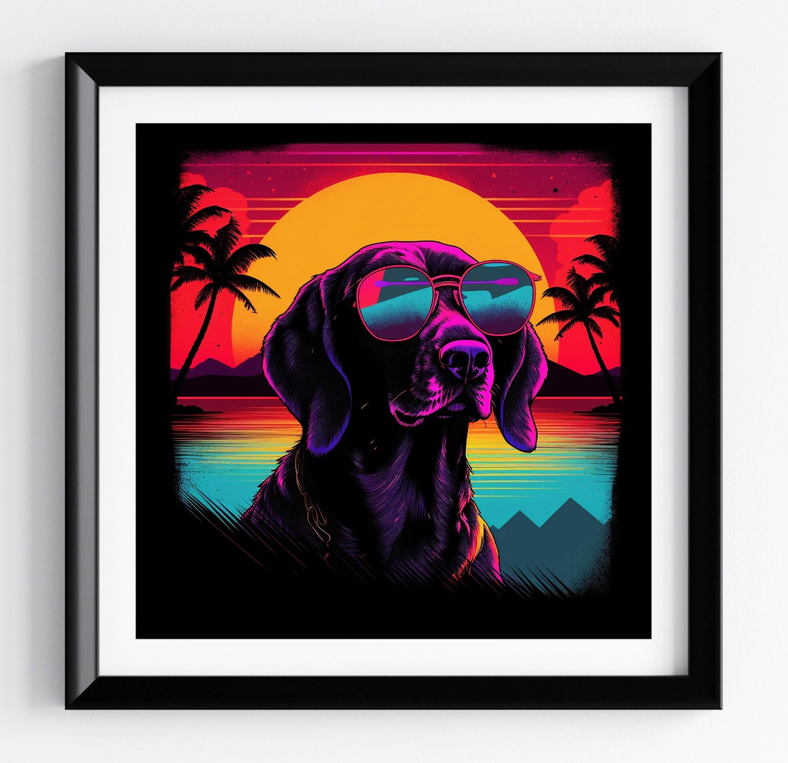 Pointer Dog Neon Lake Sunset Palm Cool Fun Dog Portrait Poster