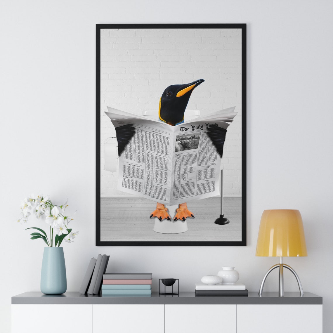 King Penguin Reading Newspaper Funny Bathroom Humor Art Poster - Image 2
