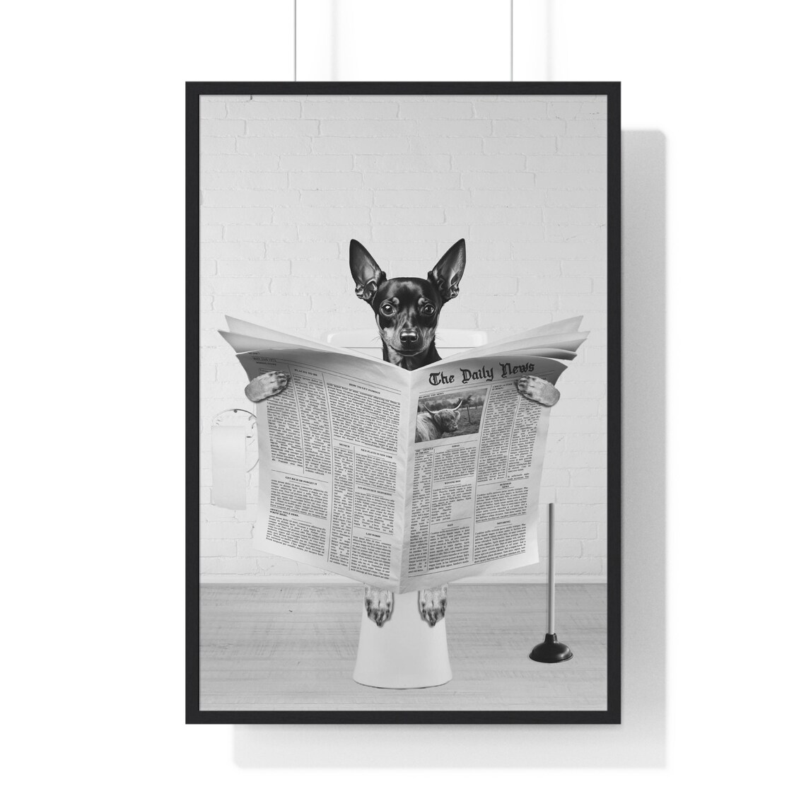 Miniature Pinscher Reading Newspaper on Toilet Funny Bathroom Poster