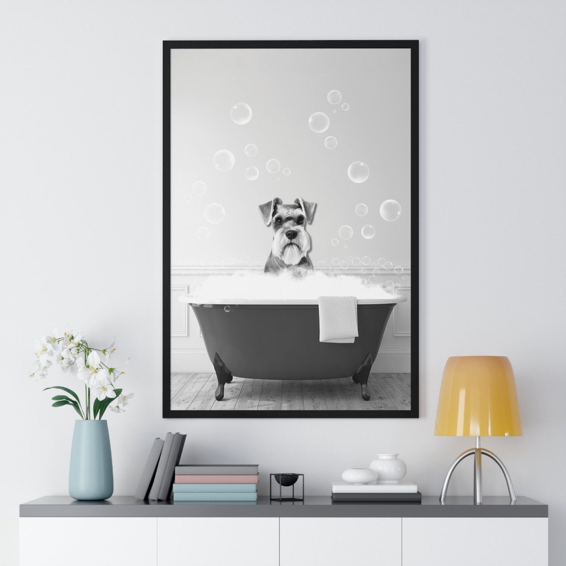 Miniature Schnauzer Soaking In Bubble Bath Bathroom Dog Wall Art - Image 2