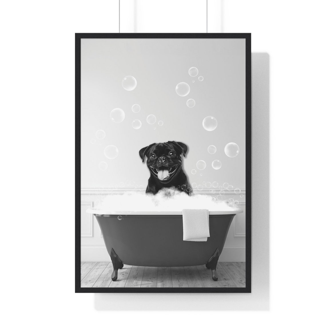 Happy Smiling Pug Relaxing in Bubble Bath Funny Bathroom Decor Poster
