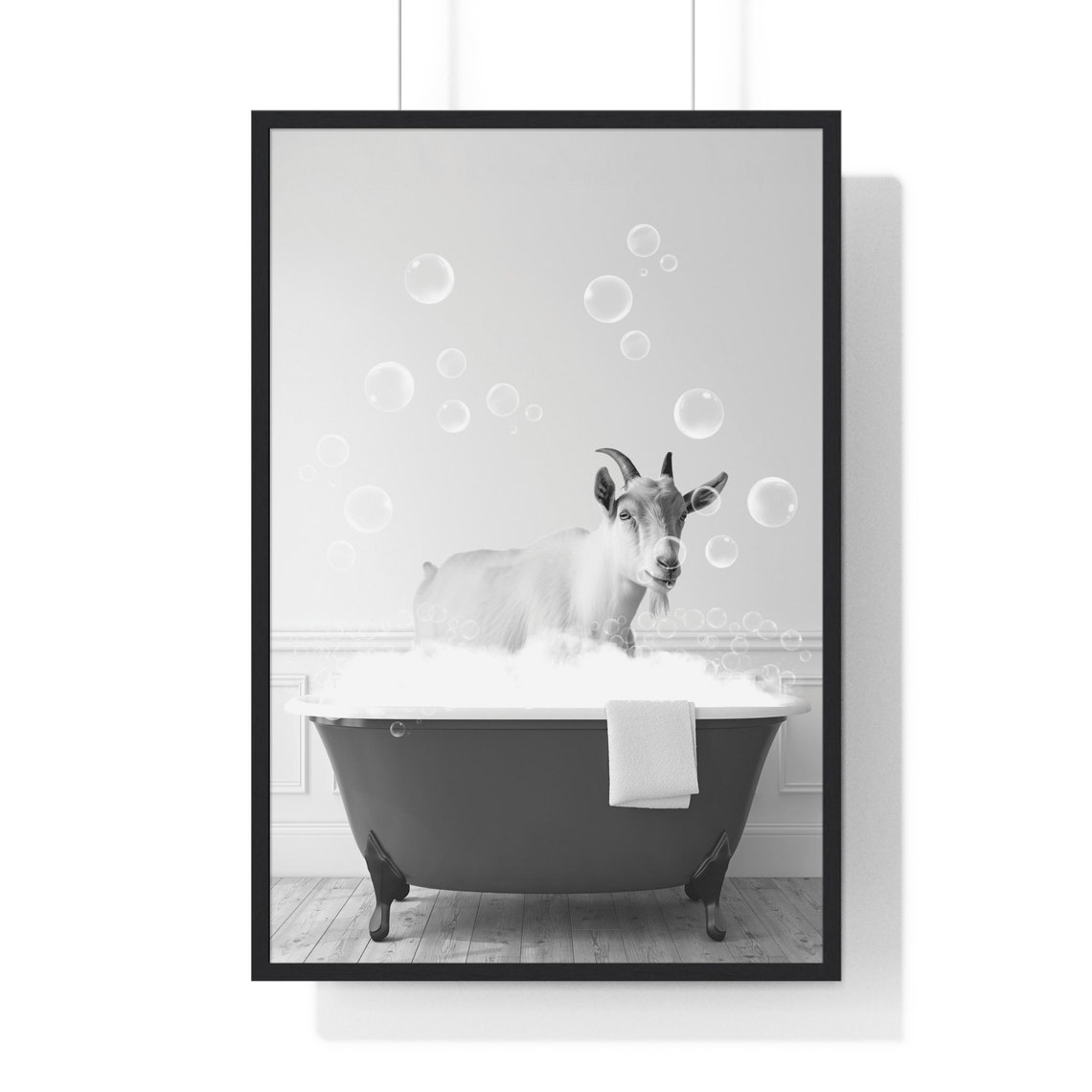 Curious Goat Relaxing in Bubble Bath Funny Farmhouse Bathroom Poster