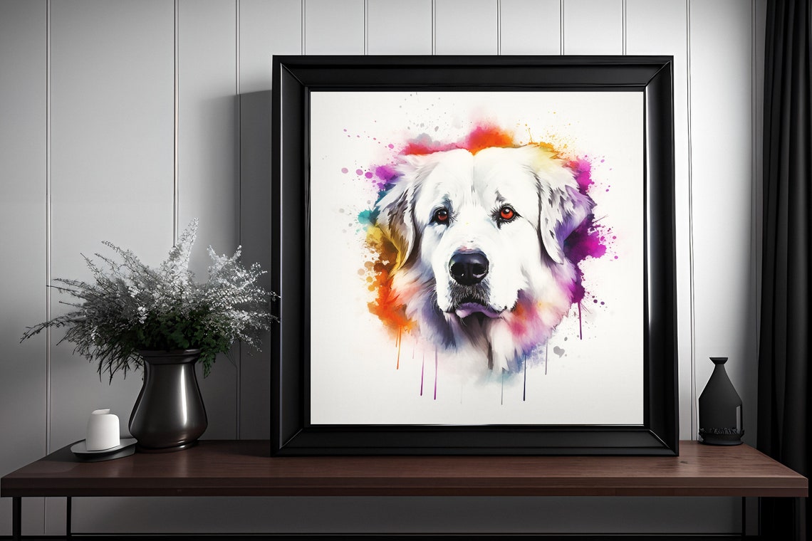 Great Pyrenees White Watercolor Splatter Portrait Dog Poster