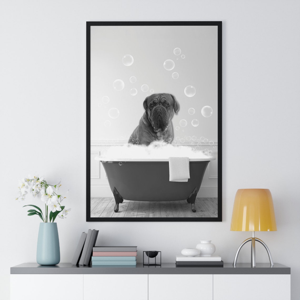 French Mastiff In Bubble Bath Black And White Bathroom Poster - Image 2