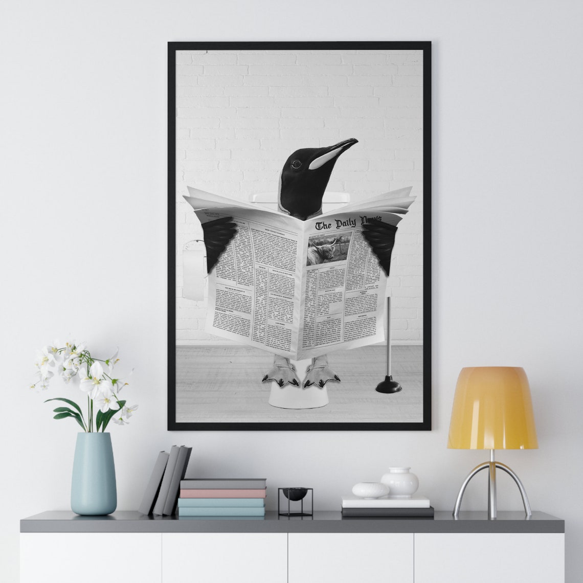 Penguin Reading Newspaper on Toilet Humorous Bathroom Poster - Image 2