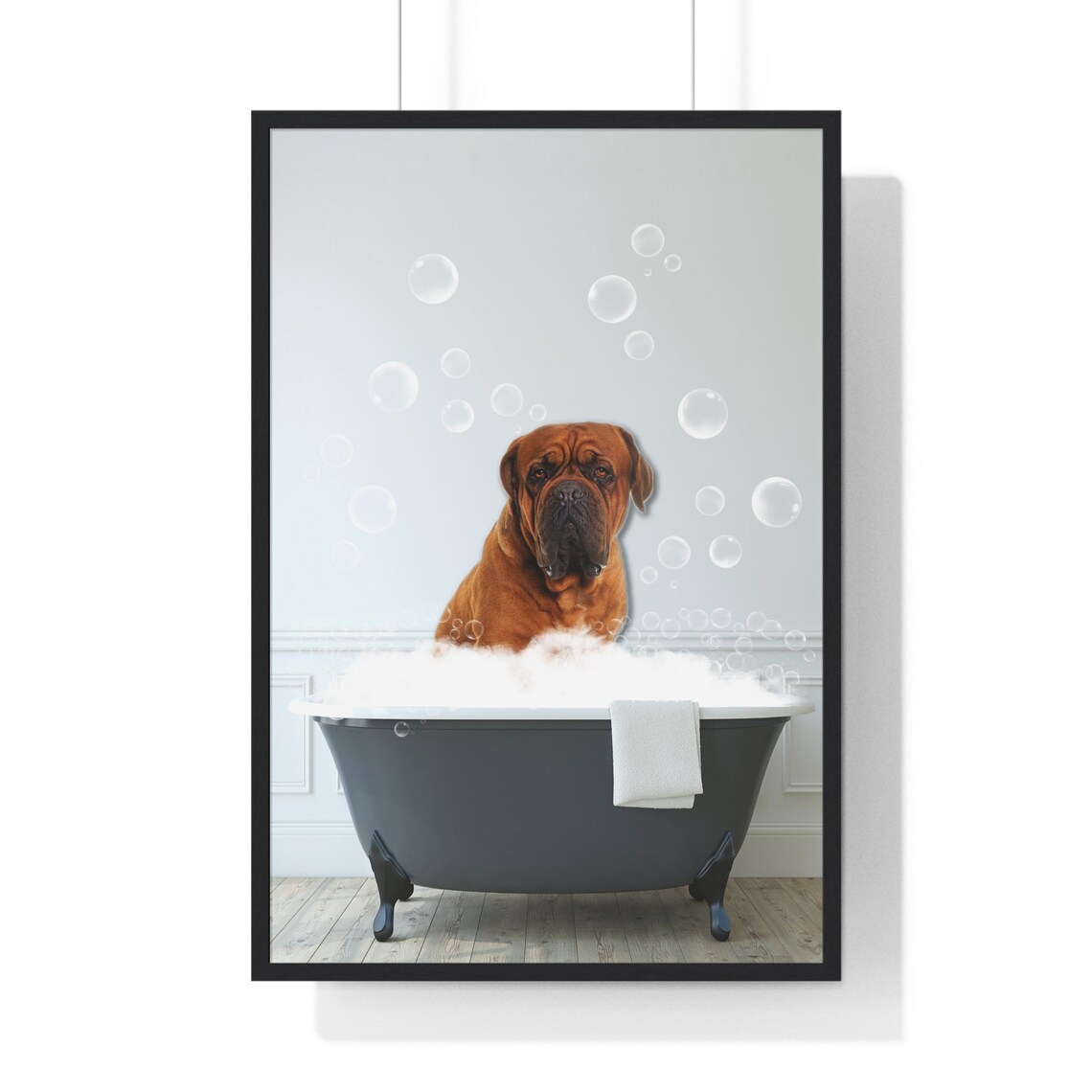 Big French Mastiff in Bubble Bath Funny Dog Bathroom Art Poster
