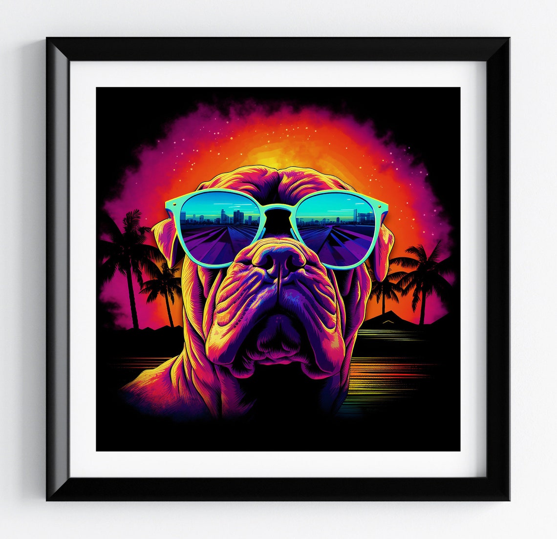 French Mastiff Retro 80s Neon Synthwave Sunset Portrait Poster