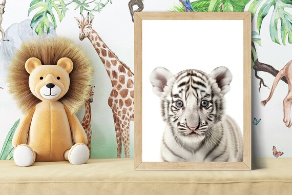 Baby White Tiger Cub Portrait in Soft Color Nursery Room Poster