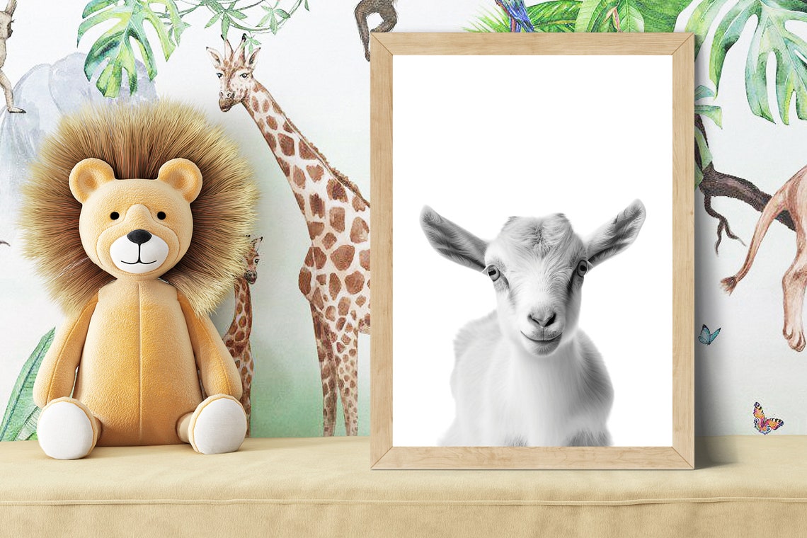 Smiling Baby Goat Portrait in Black and White Nursery Poster