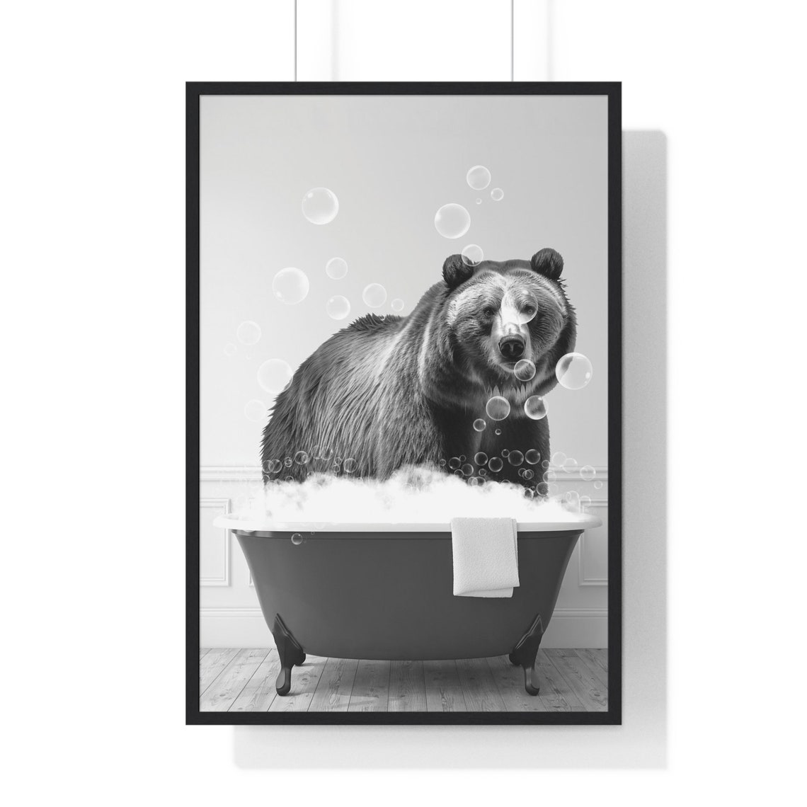 Grizzly Bear in Bubble Bath Black and White Funny Animal Art Poster
