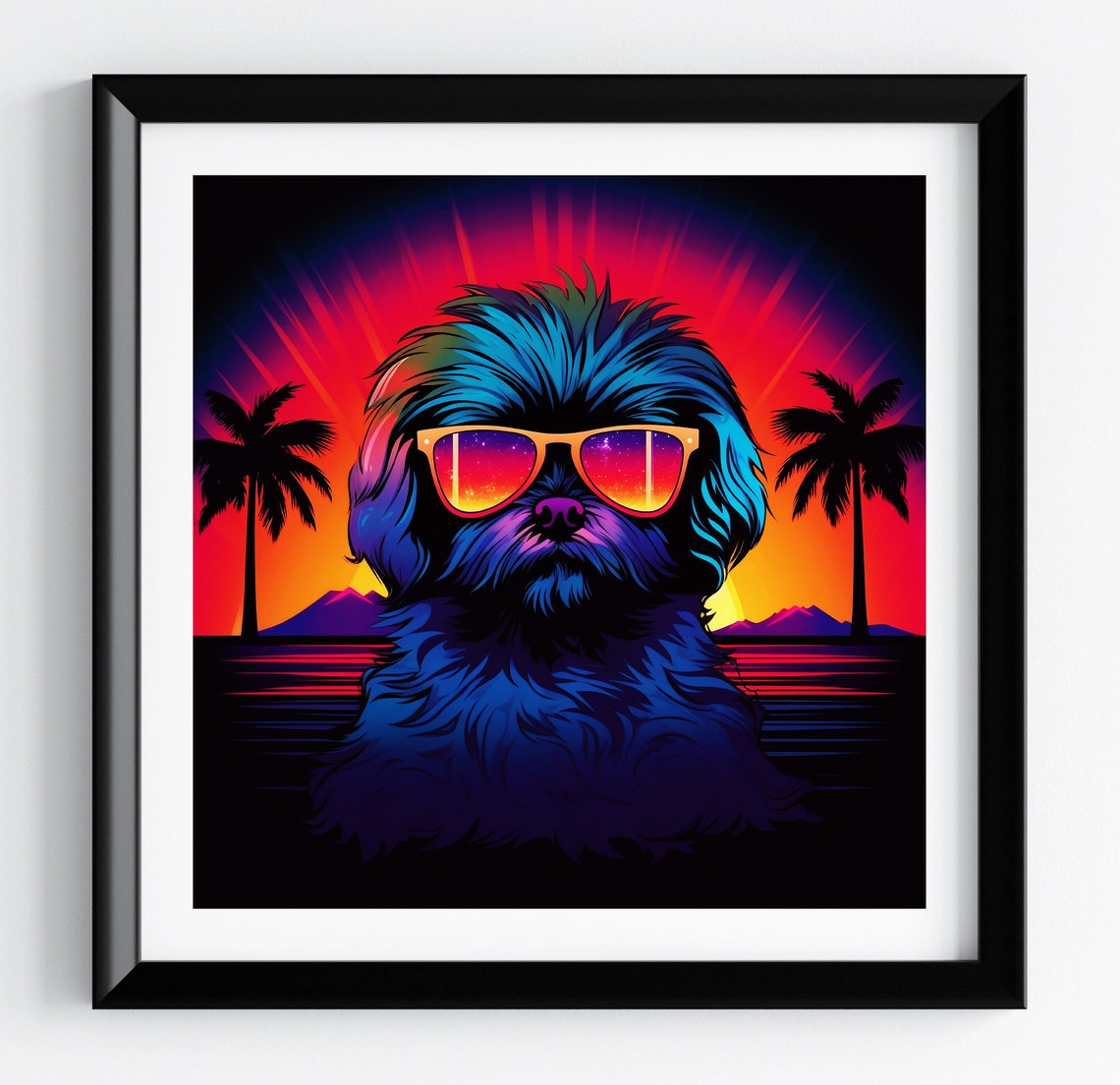 Maltese Teal Fur Cool Neon Palm Sunset Fun Dog Portrait Poster