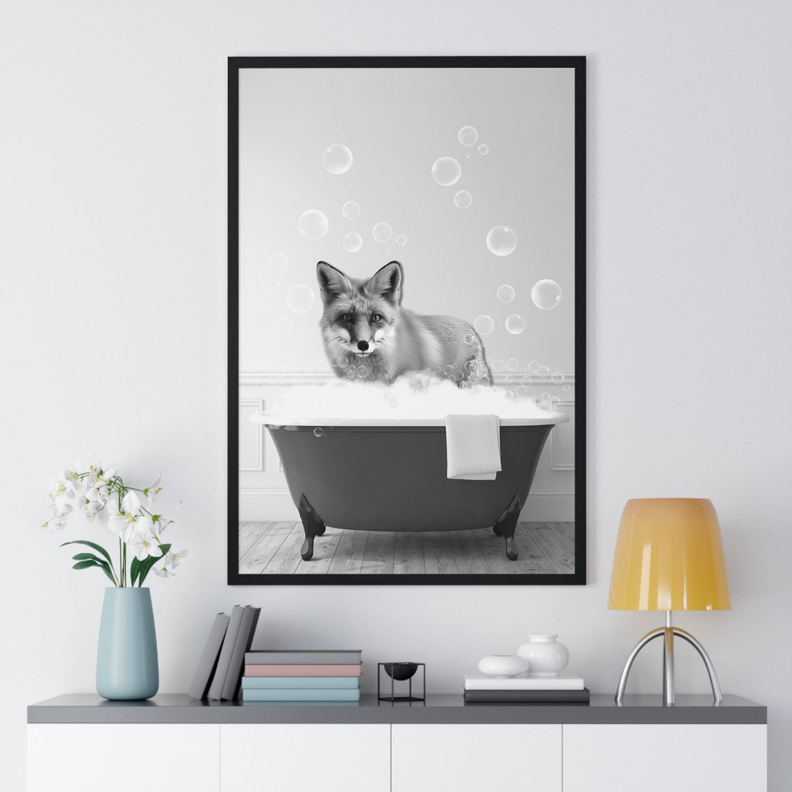 Fox Sitting in a Bubble Bath Black and White Funny Bathroom Poster - Image 2