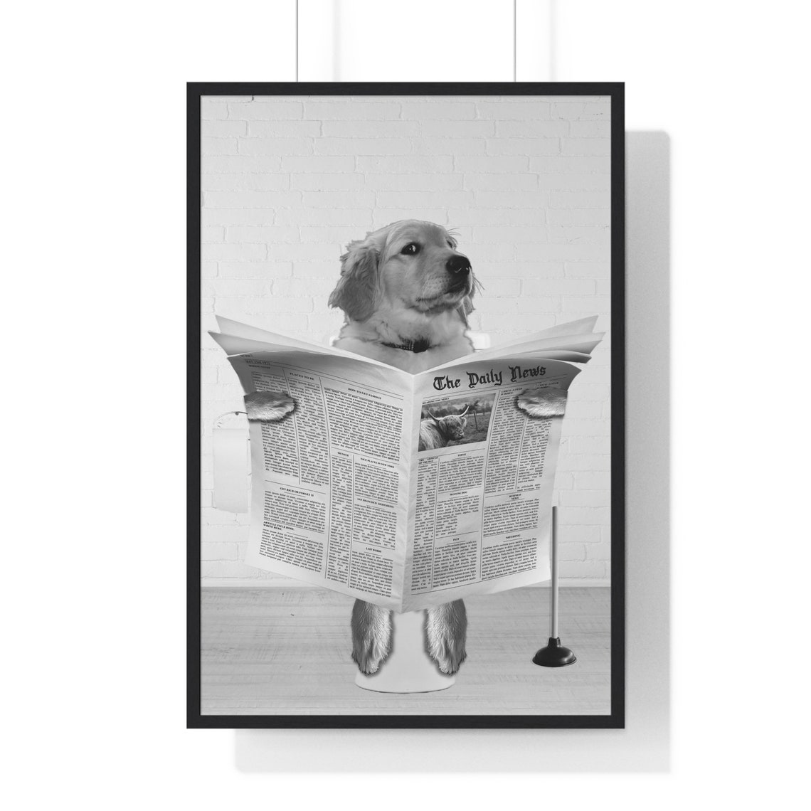 Golden Retriever Puppy Reading Newspaper on Toilet Funny Poster