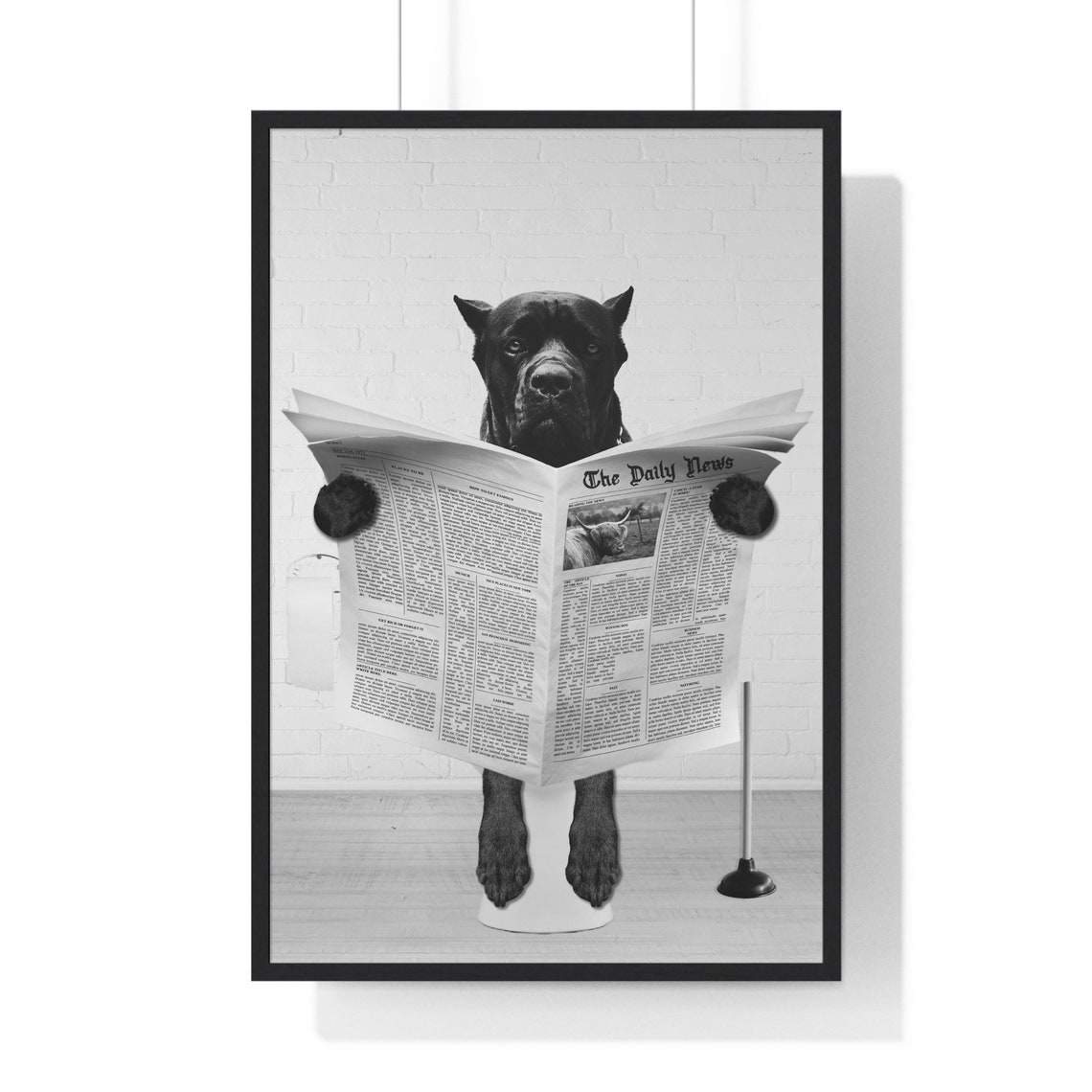 Cane Corso Reading Newspaper on Toilet Funny Black and White Poster