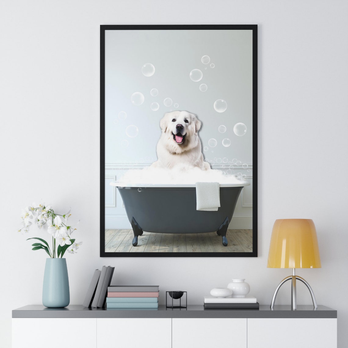 Happy Fluffy Great Pyrenees in a Bubble Bath Bathroom Poster - Image 2