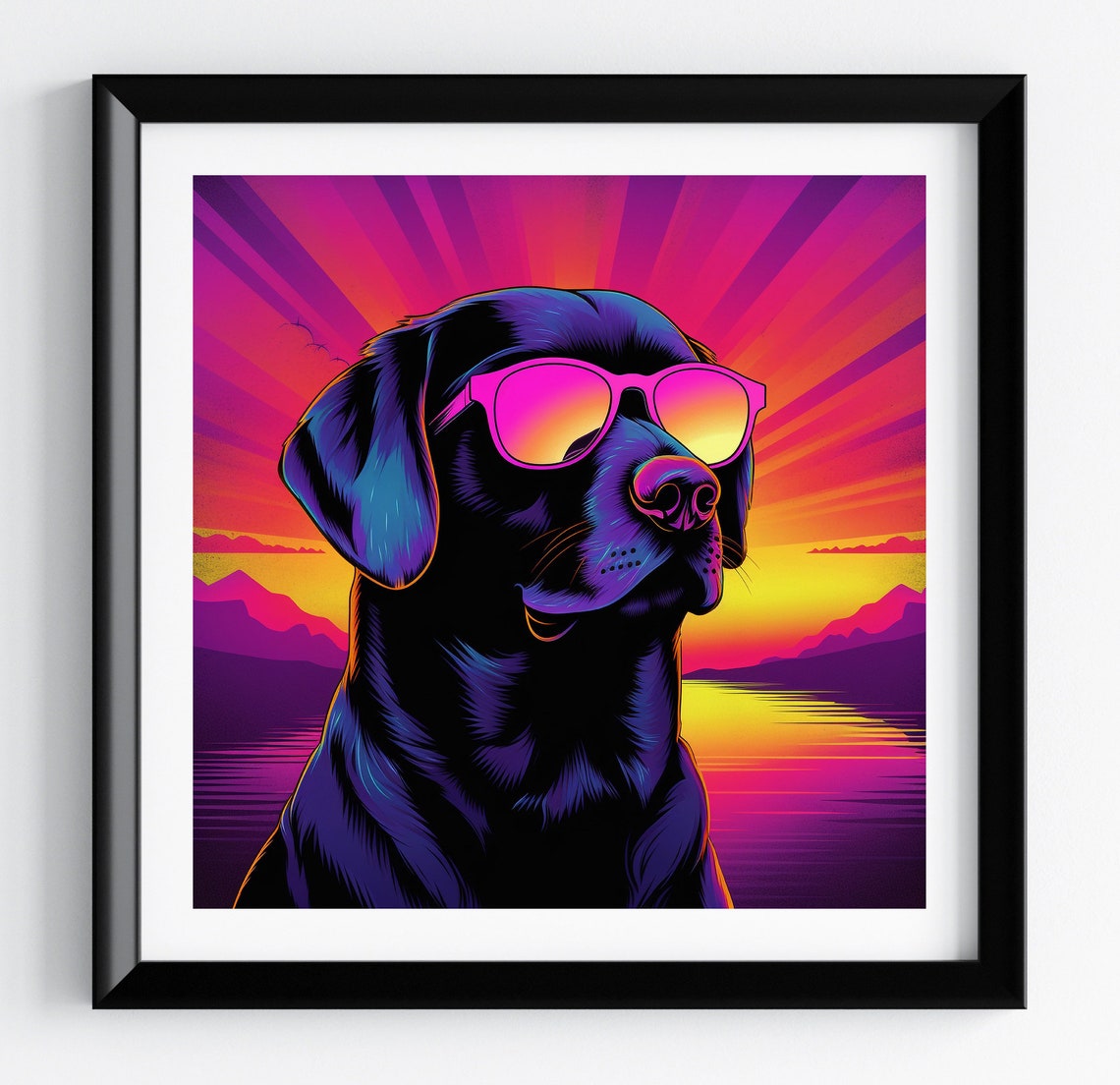 Black Labrador Neon Sunburst Mountain Retro Dog Portrait Poster