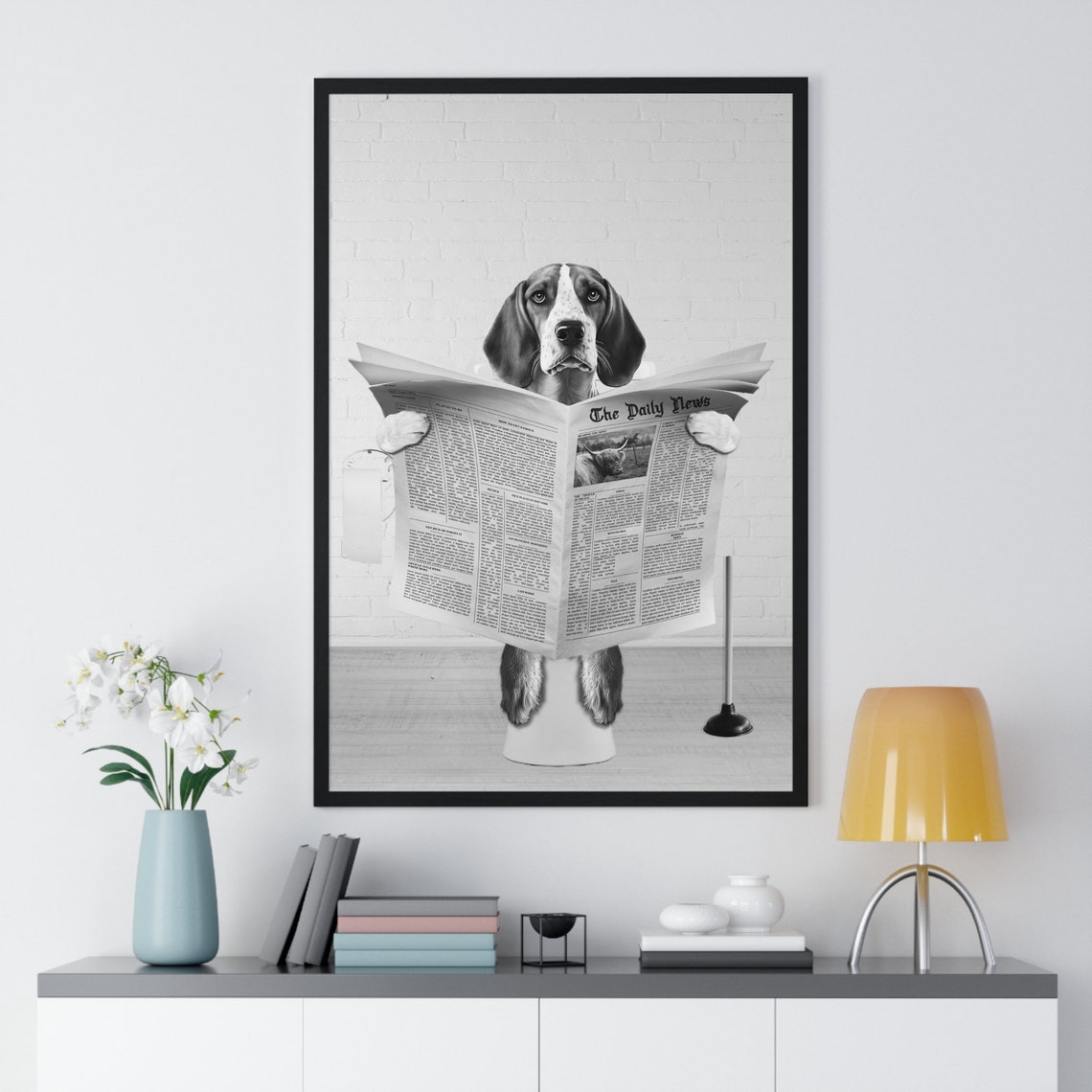 Amusing Fox Hound Reading The Daily News On The Toilet Art Poster - Image 2