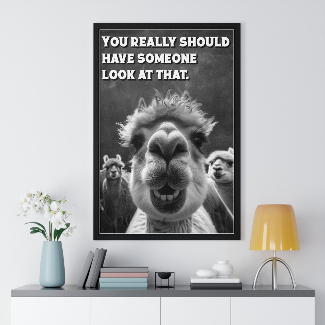 Black And White Goofy Alpaca Selfie Someone Look At That Funny Bathroom Poster - Image 2