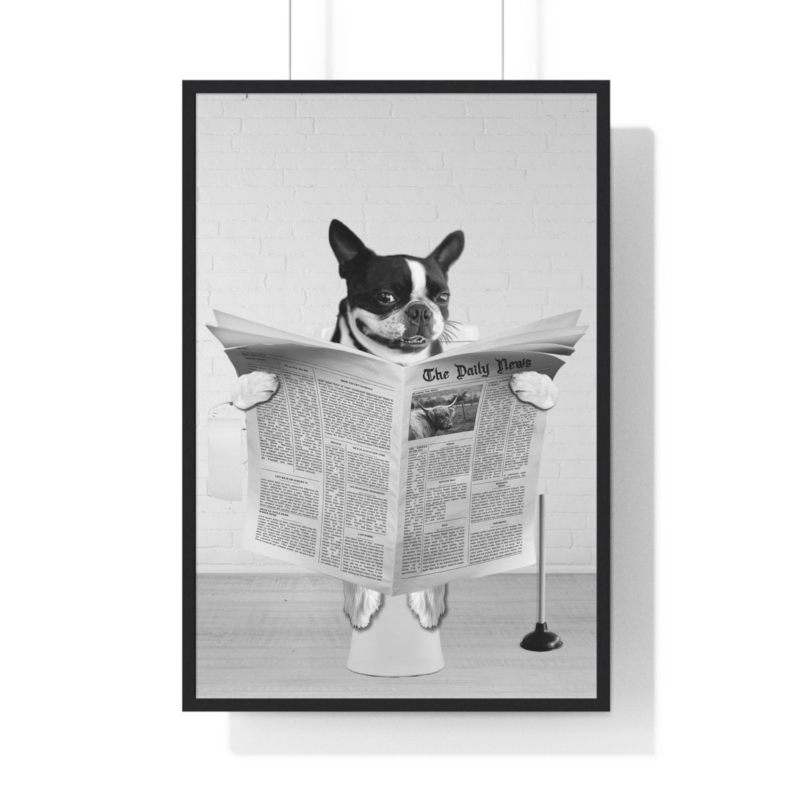 Boston Terrier Reading Newspaper on Toilet Funny Bathroom Poster