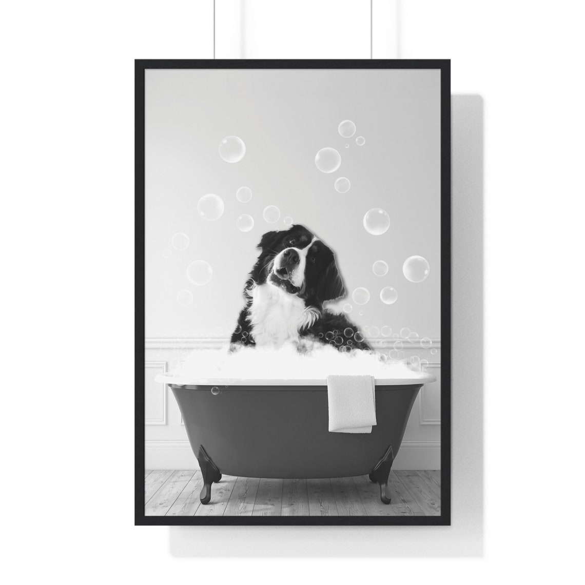 Bernese Mountain Dog in a Bubble Bath Funny Black and White Poster