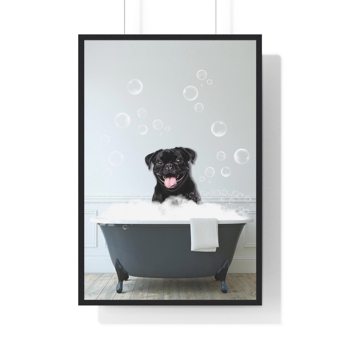 Happy Black Pug in Bubble Bath Funny Dog Bathroom Art Poster
