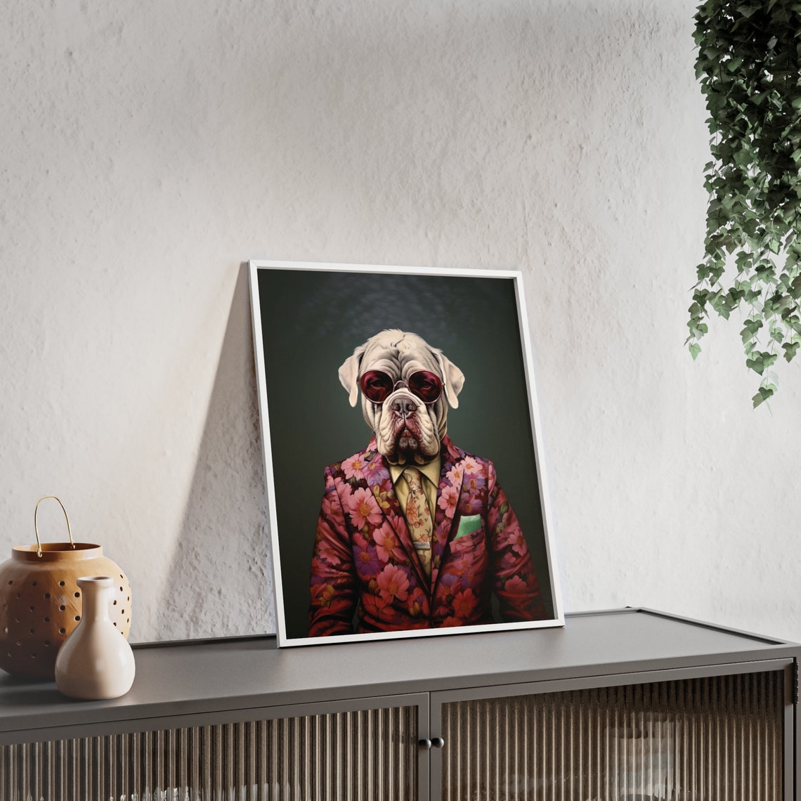 Neapolitan Mastiff in Burgundy Shades and Pink Floral Blazer Poster - Image 2
