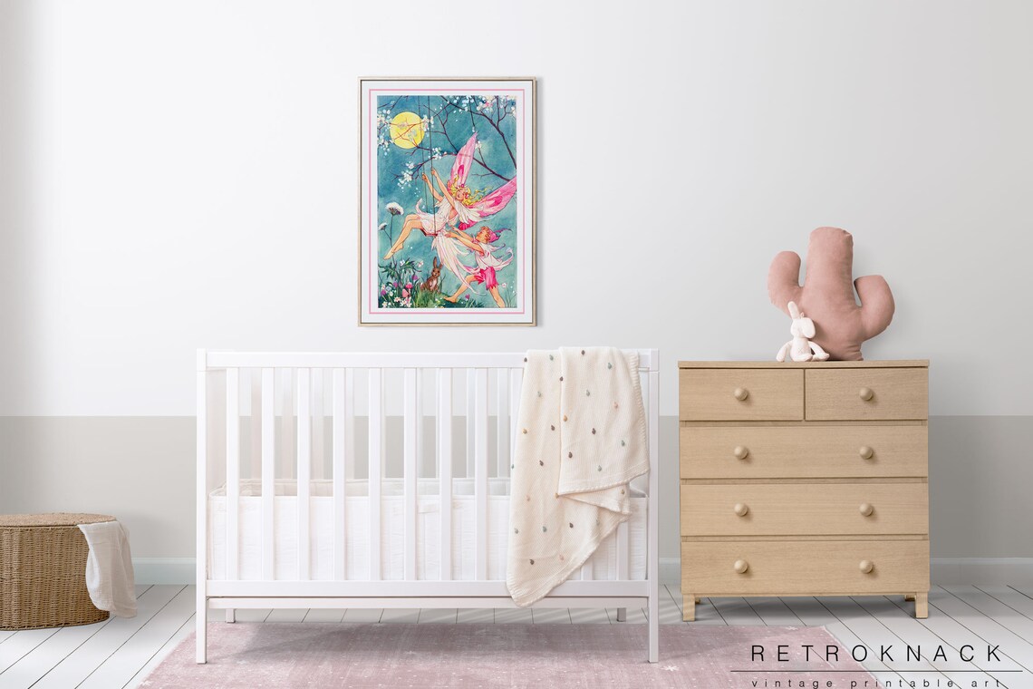 Fairy on a Swing Pushed by Elf Boy Full Moon Night Blossom Watercolor Print - Image 2