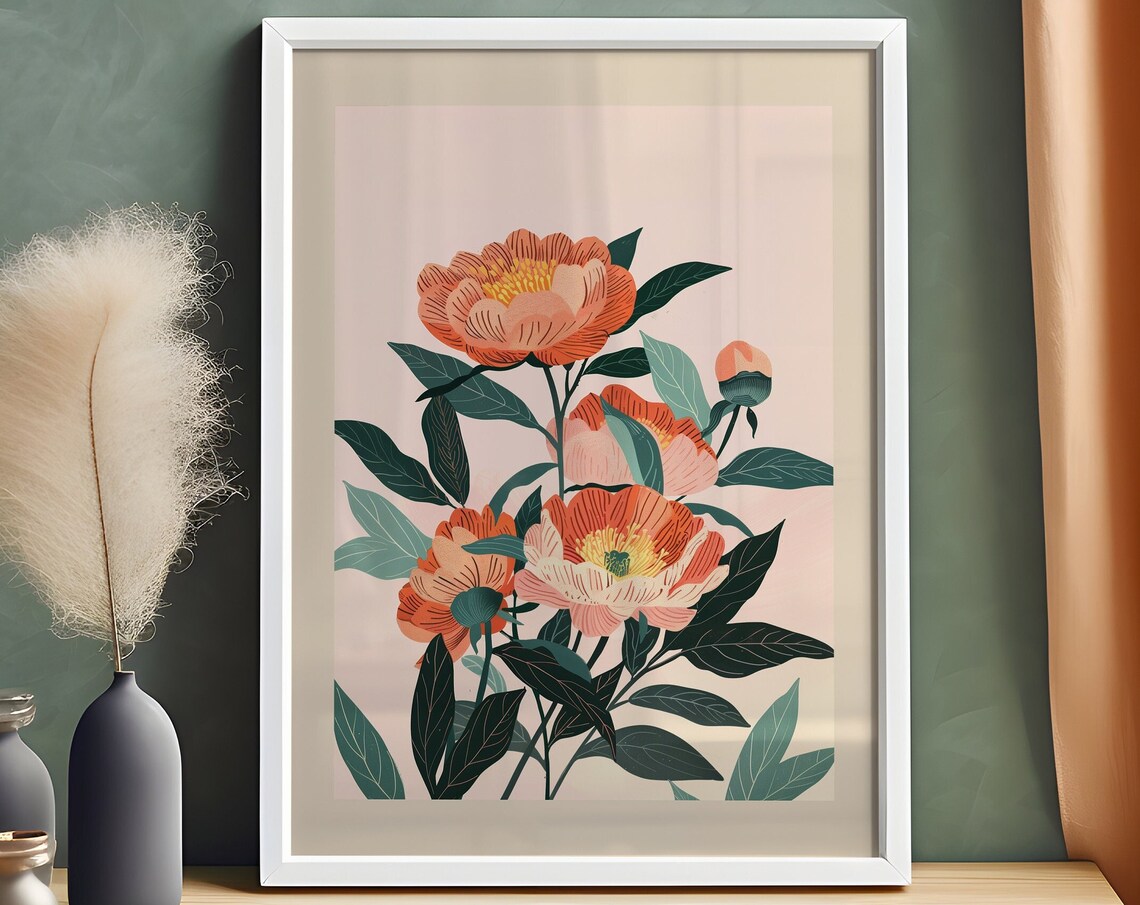 Coral Peony Botanical Illustration Floral Blossom Elegant Art Poster