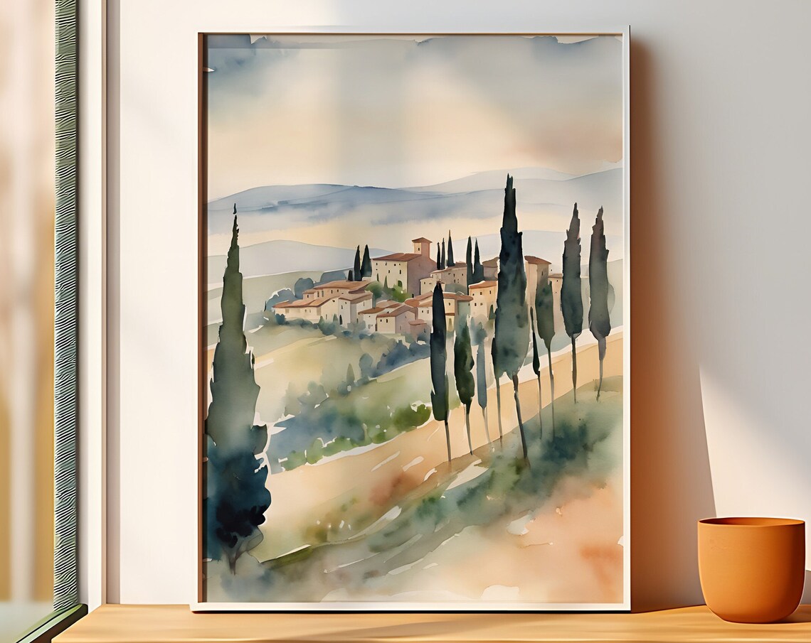 Tuscany Landscape Watercolor Art Print, Siena Italy