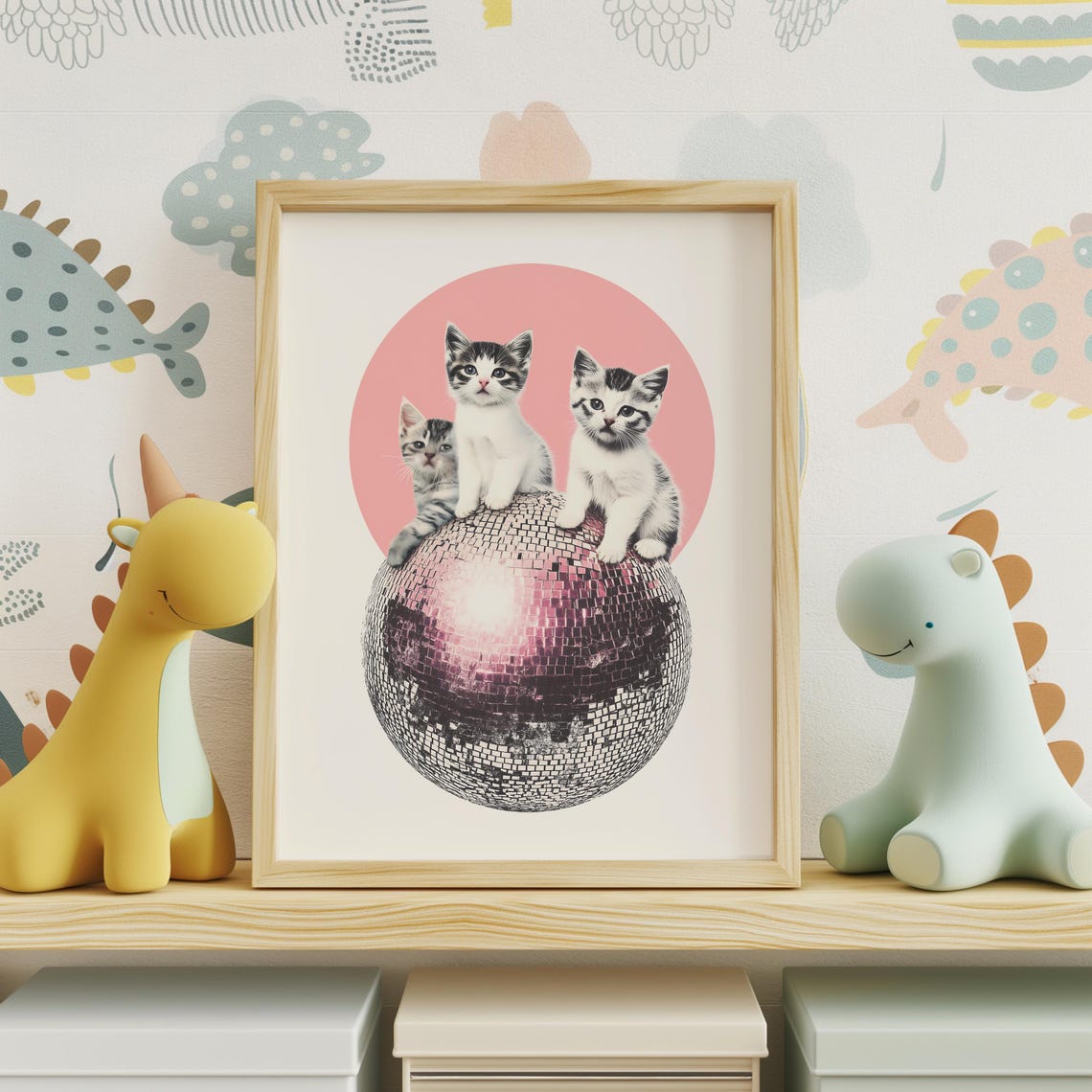 Three Kittens Pink Disco Ball Mirrorball Collage Poster Retro Cat - Image 2