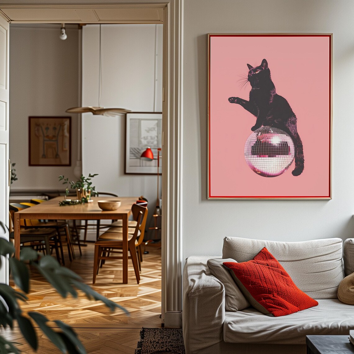 Black Cat Disco Ball 70s Retro Poster Print - Image 3