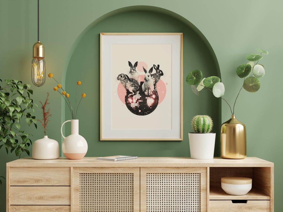 Rabbits Playing on a Glittering Pink Disco Ball Collage Art Poster - Image 3