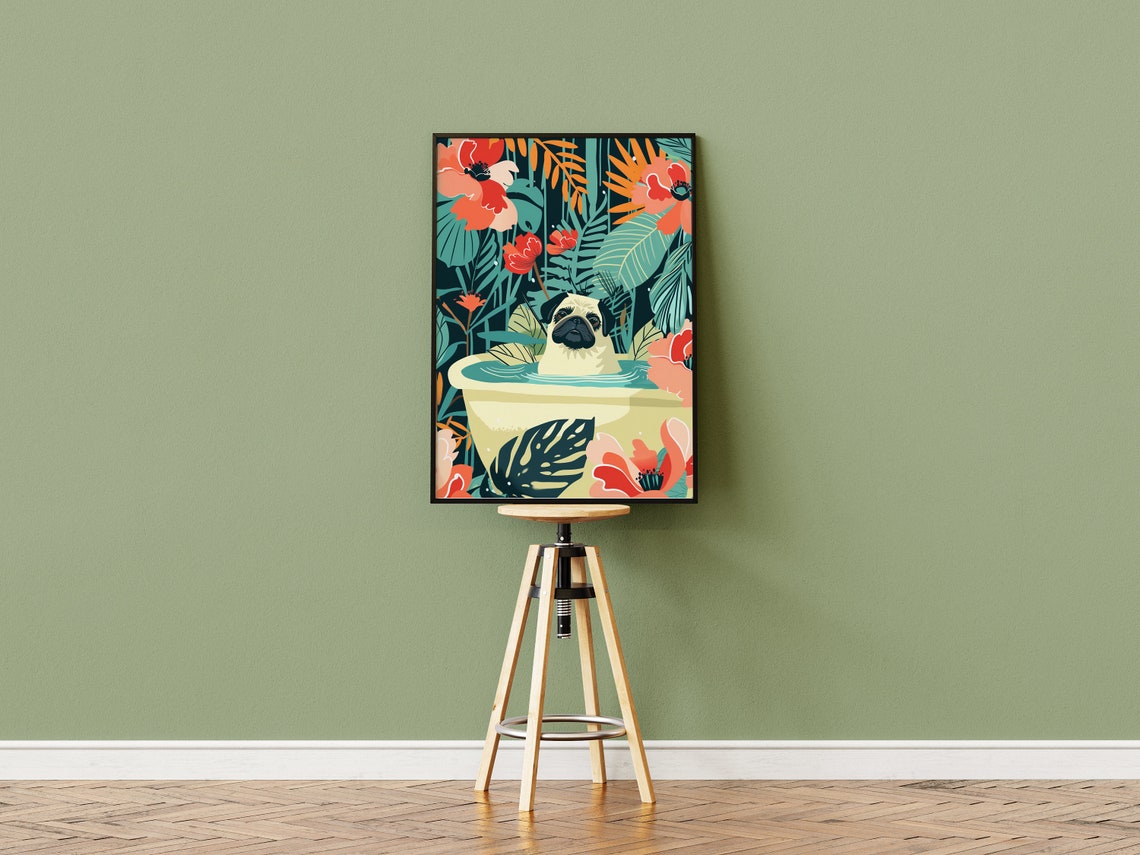 Pug in Bathtub Watercolor Wall Art Tropical Floral Nursery Decor - Image 3