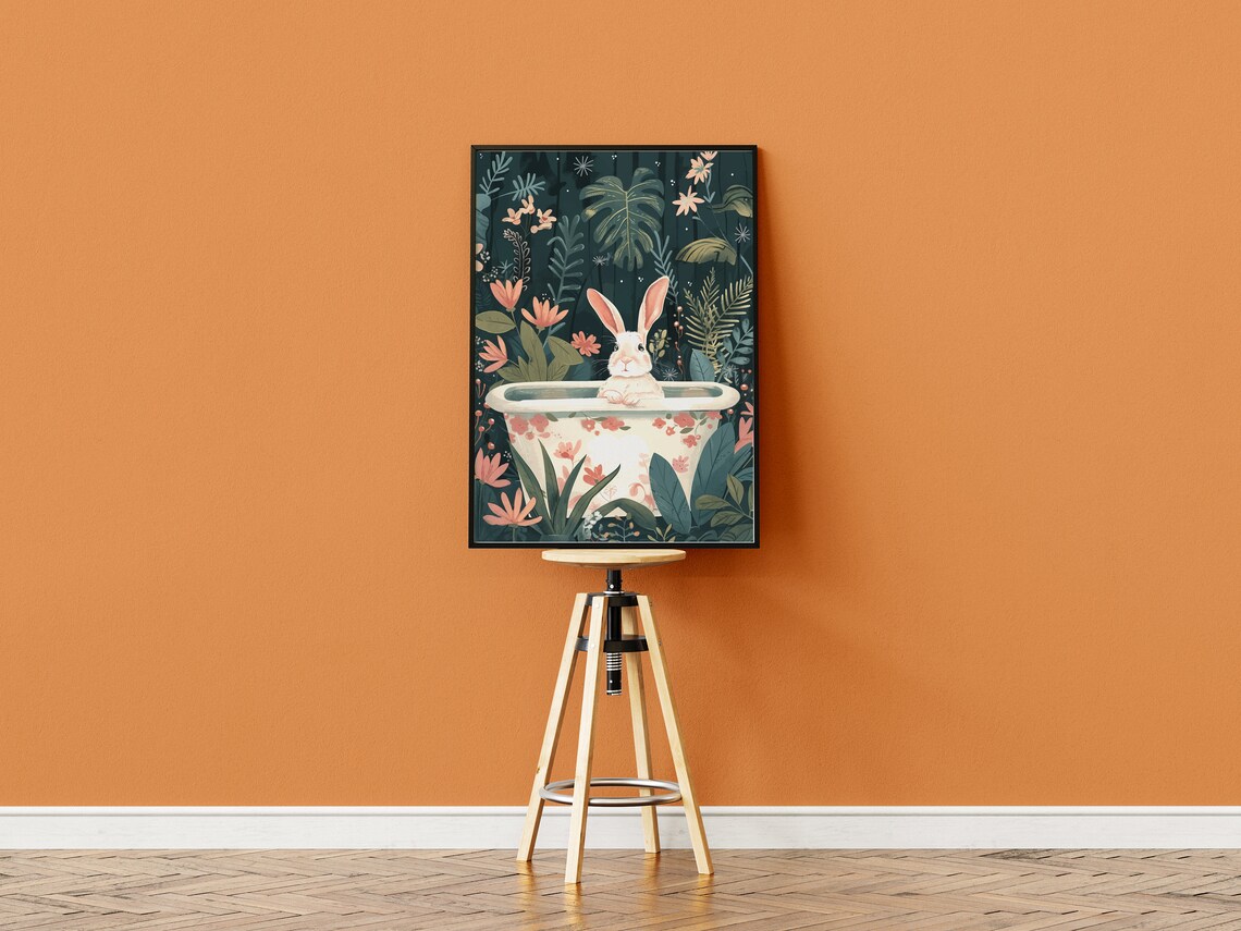 White Bunny in Floral Bathtub Dark Jungle Botanical Whimsical Animal Poster - Image 3