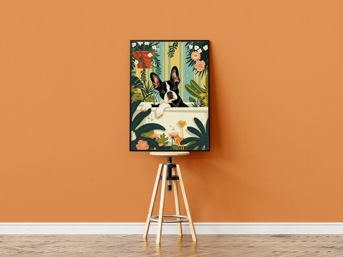 Boston Terrier Bath Time Jungle Botanical Illustration Art Poster - Image 3