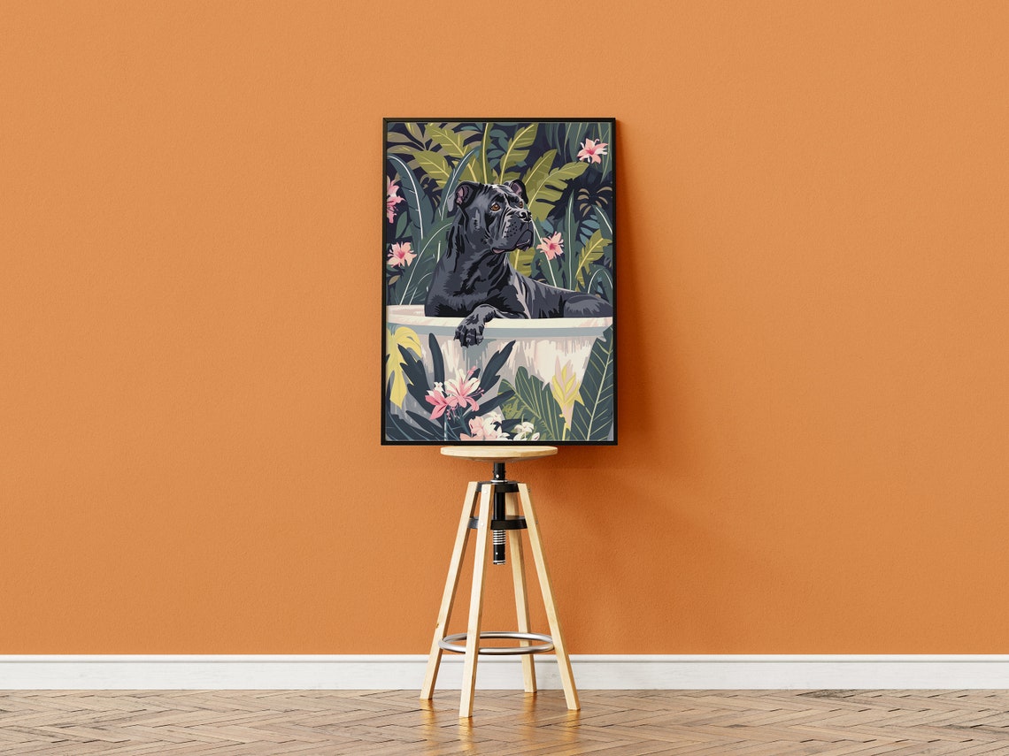 Black Cane Corso in Bathtub Dark Jungle Floral Dog Wall Poster - Image 3