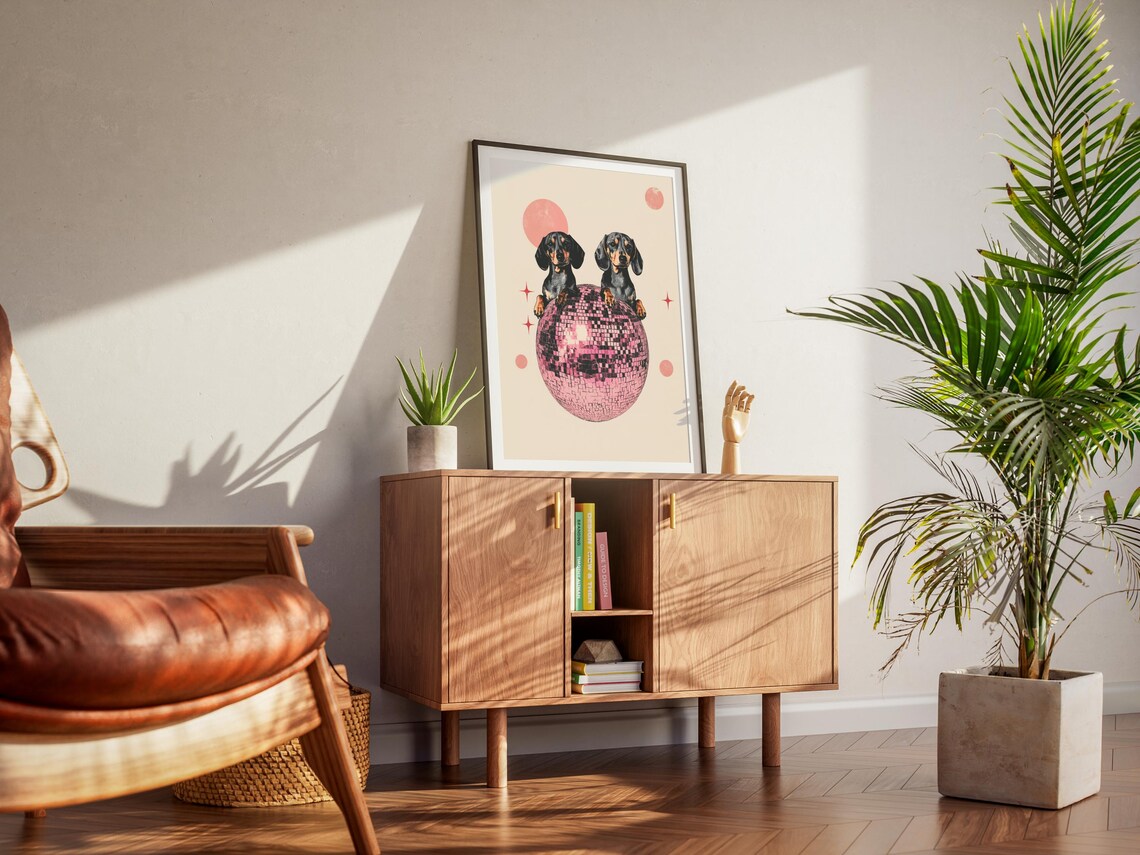 Retro Dachshund Vintage Disco Ball Art Print - Image 3