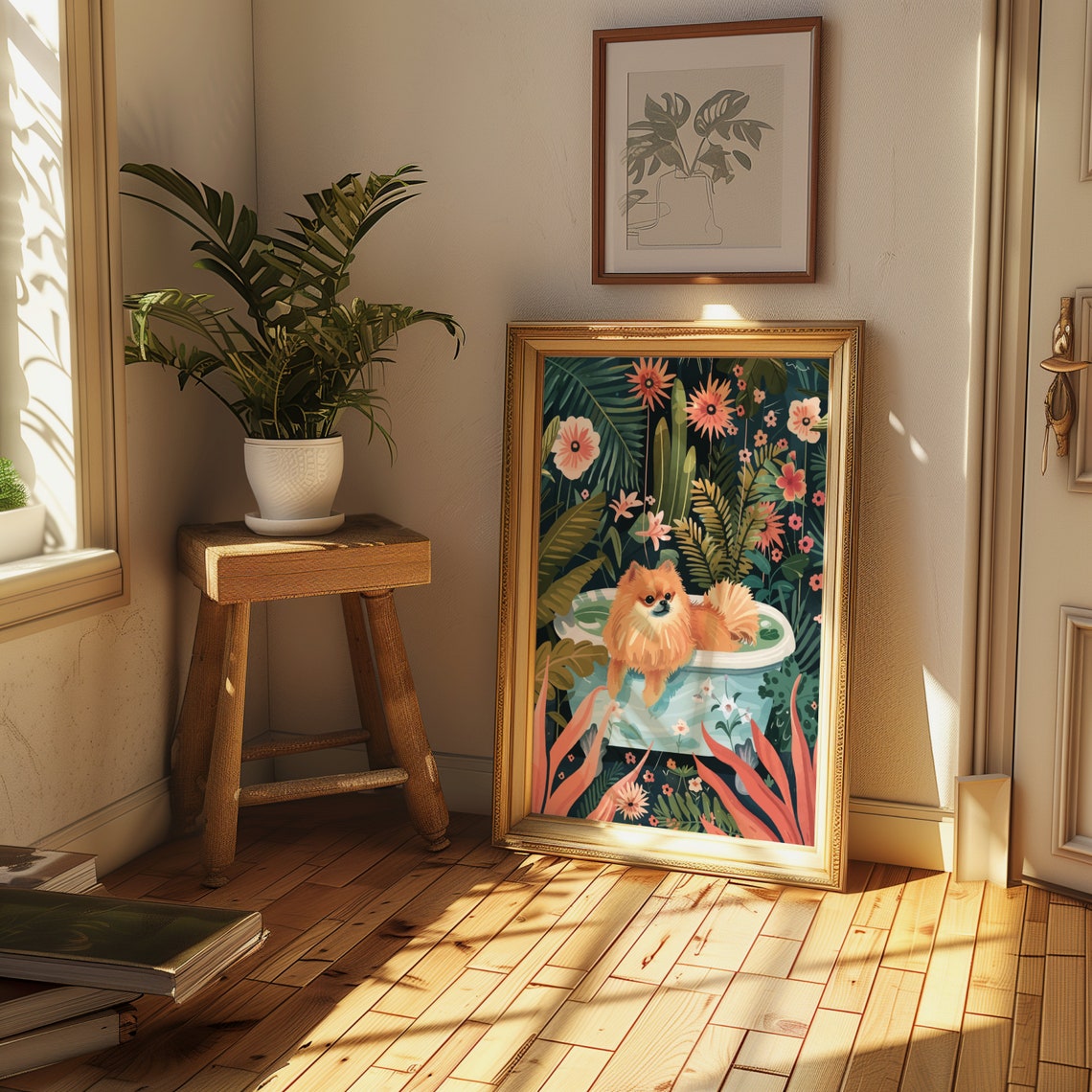 Pomeranian Dog in Bathtub Maximalist Jungle Botanical Floral Poster - Image 2