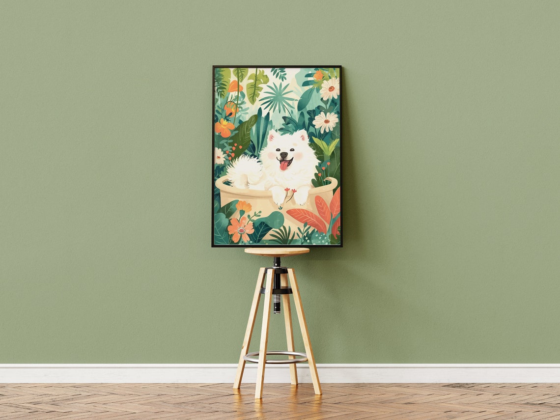 Samoyed Puppy Wall Art Cute Funny Illustration Owner Gift Boho Jungle Print Eclectic Tropical Poster Maximalist Botanical Decor - Image 3