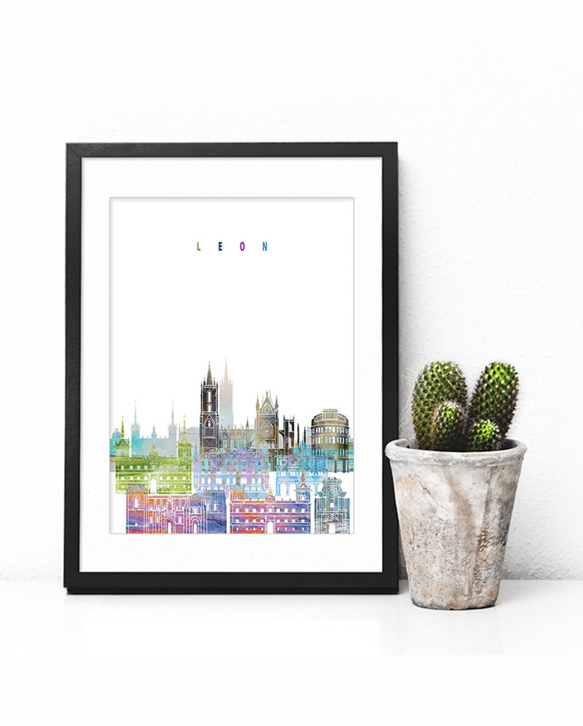 Leon Spain Colorful Watercolor City Skyline Landmarks Poster - Image 2