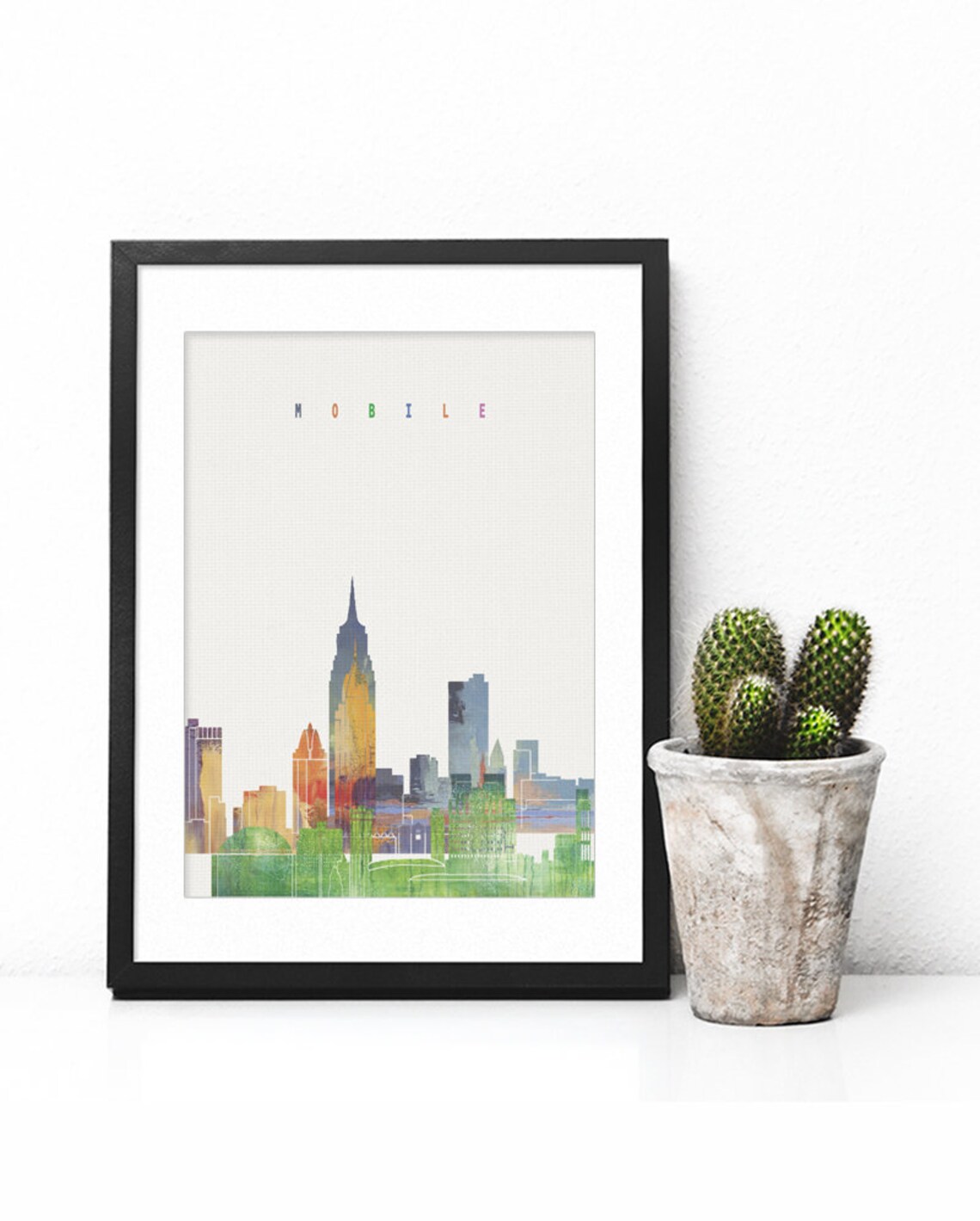 Mobile Alabama Historic Downtown Watercolor Skyline Poster Art - Image 2