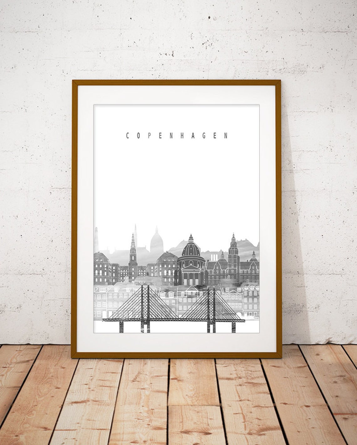 Copenhagen Black and White City Skyline Print Home Decor Modern
