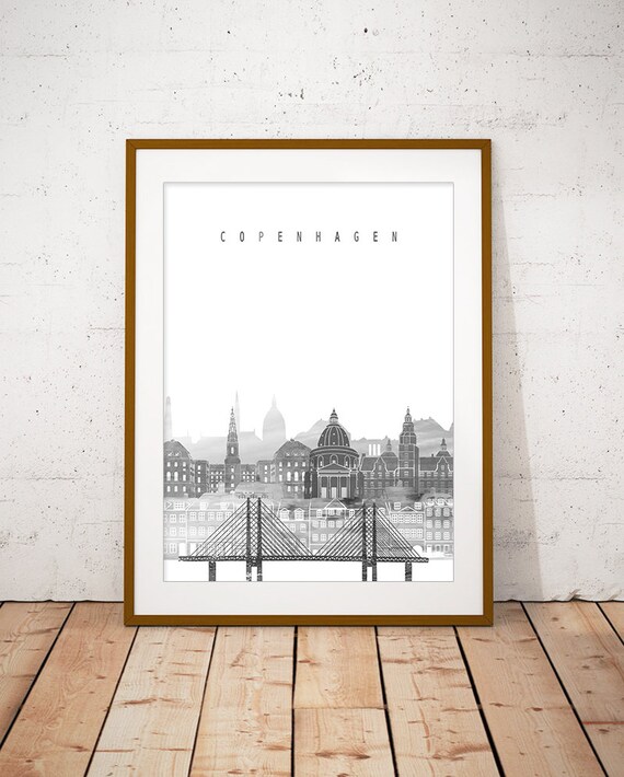 Copenhagen Black and White City Skyline Print Home Decor Modern