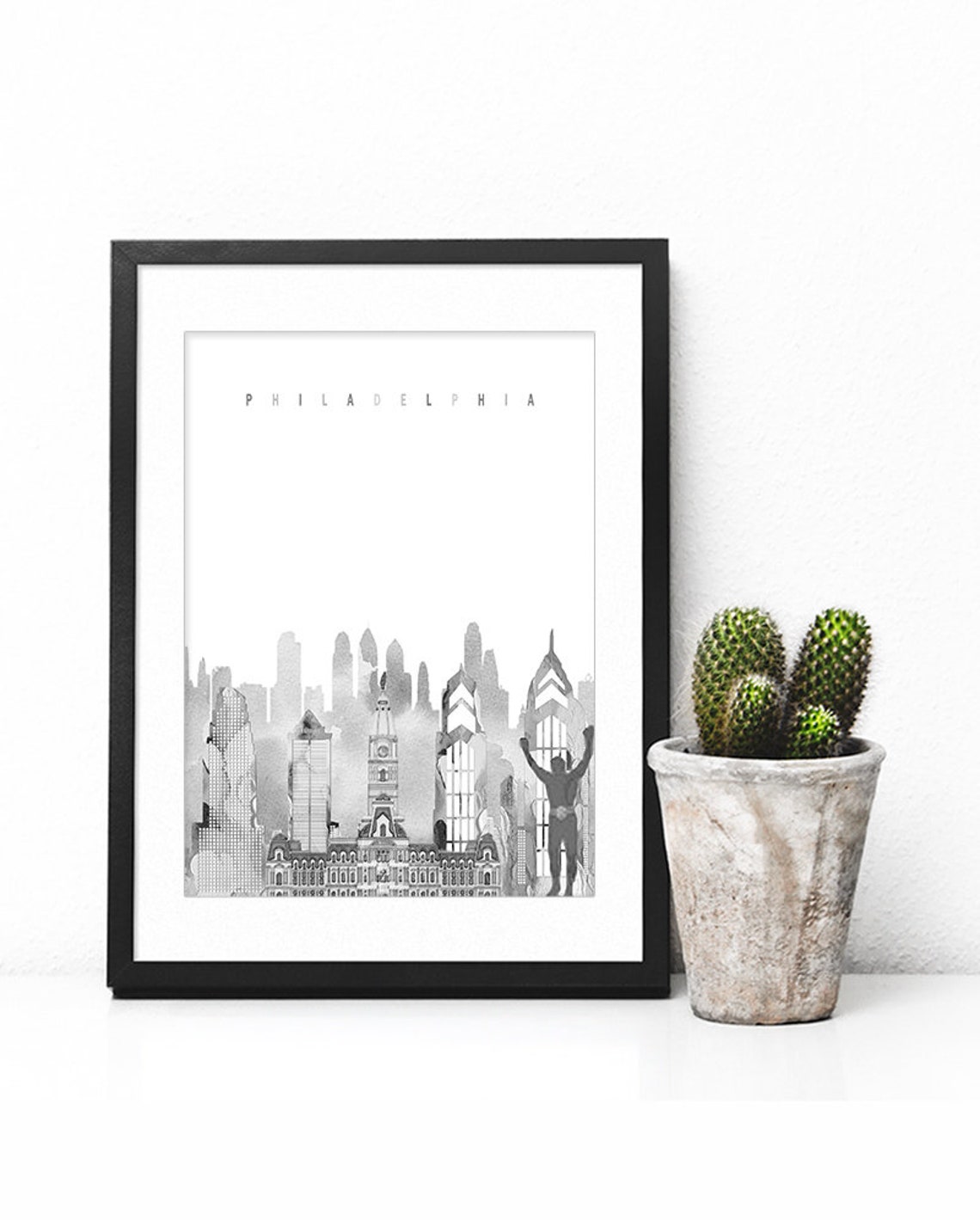 Philadelphia Black and White Watercolor City Skyline Poster Art - Image 2