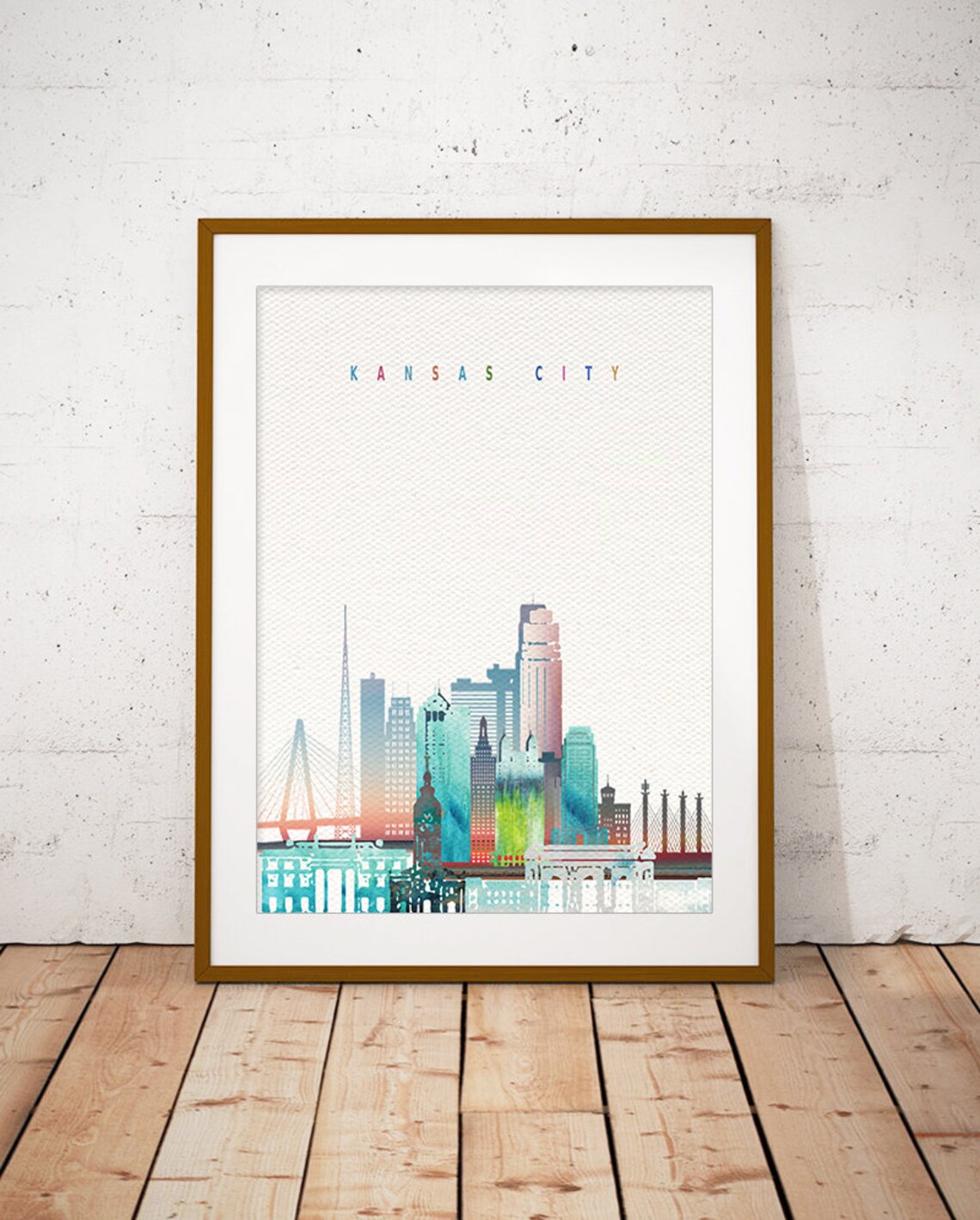 Kansas City Colorful Watercolor Skyline Pastel Lettering Art Poster