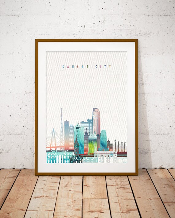 Kansas City Colorful Watercolor Skyline Pastel Lettering Art Poster